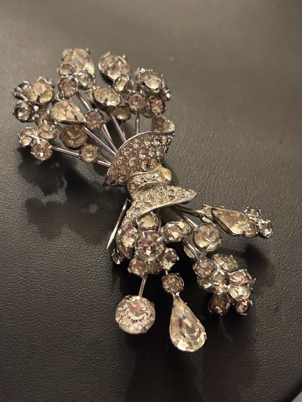 Stunning Vintage Large Crystal Rhinestone Brooch Bow Floral Spray